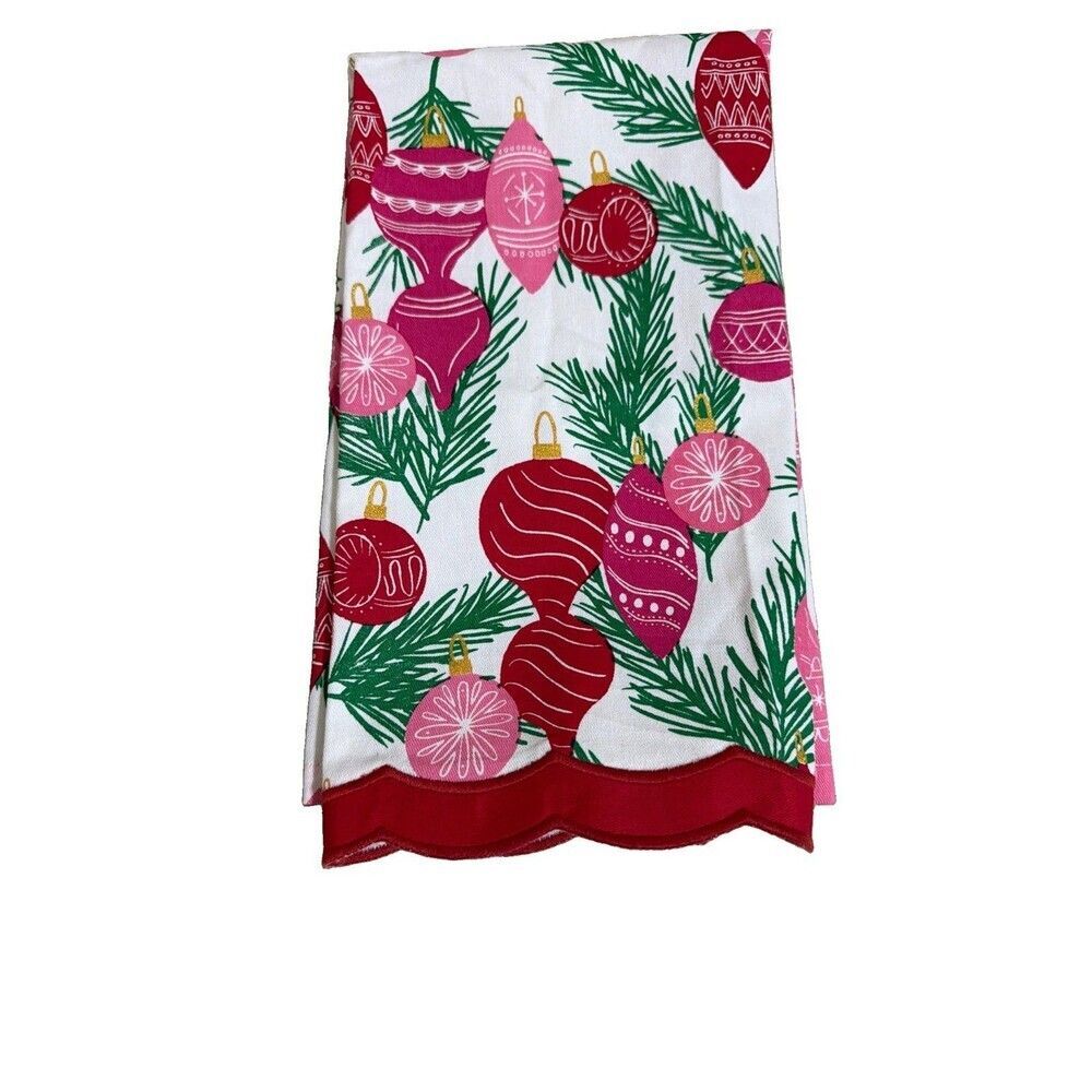 Mary Square Trim Tree Tea Towel Vintage Ornaments Pink Red Shiny Bright 26”x18”